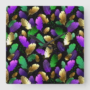 Seamless Pattern with Mardi Gras feathers Square Wall Clock