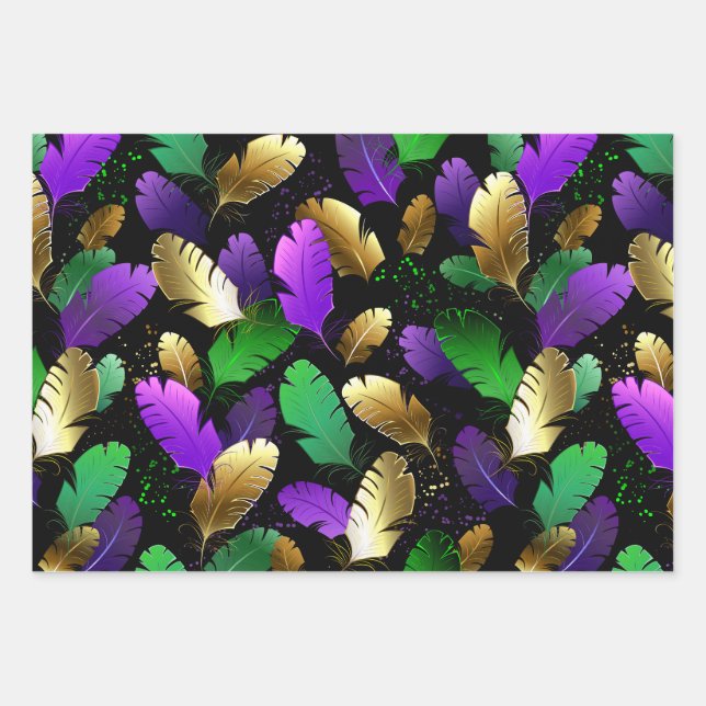 Seamless Pattern with Mardi Gras feathers Wrapping Paper Sheet (Front 3)