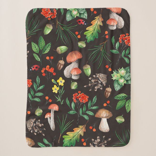 Seamless pattern with mushrooms,nuts,leaves,acorns sherpa blanket (Front)