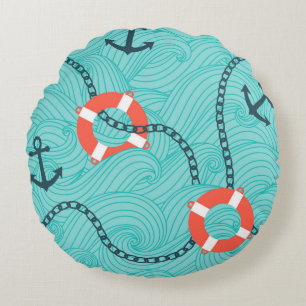 Seamless pattern with nautical attributes. Freehan Round Cushion