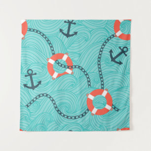 Seamless pattern with nautical attributes. Freehan Tapestry
