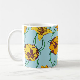 Seamless pattern with orange flowers of wild rose, coffee mug