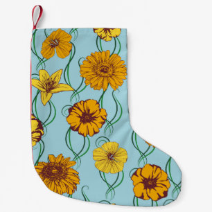 Seamless pattern with orange flowers of wild rose, small christmas stocking