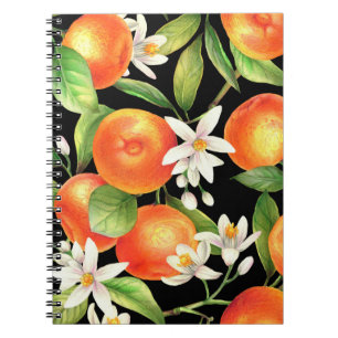 Seamless pattern with orange fruits, flowers and l notebook