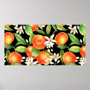 Seamless pattern with orange fruits, flowers and l poster