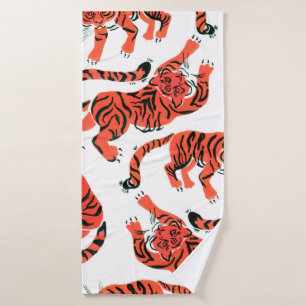 Seamless pattern with painted in gouache tigers in bath towel