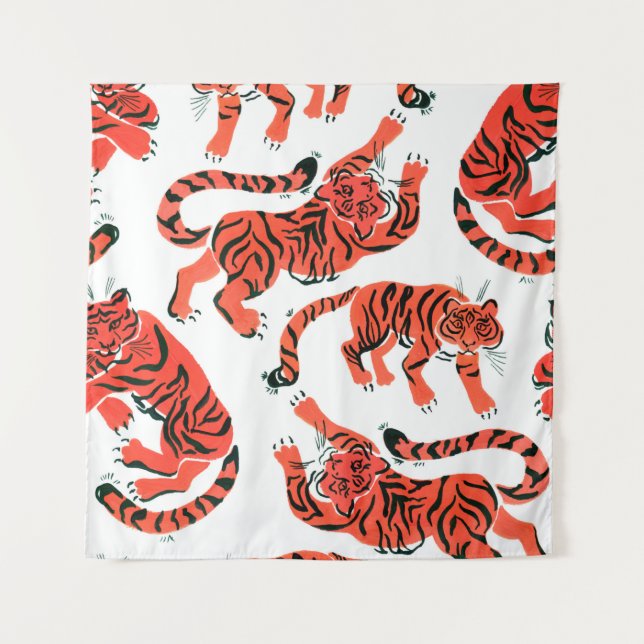 Seamless pattern with painted in gouache tigers in tapestry (Front)