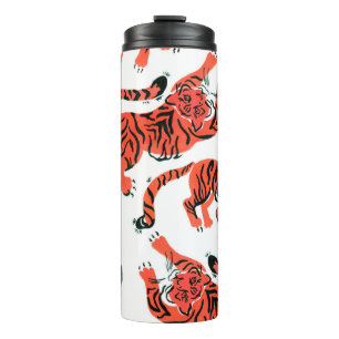 Seamless pattern with painted in gouache tigers in thermal tumbler