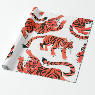 Seamless pattern with painted in gouache tigers in wrapping paper