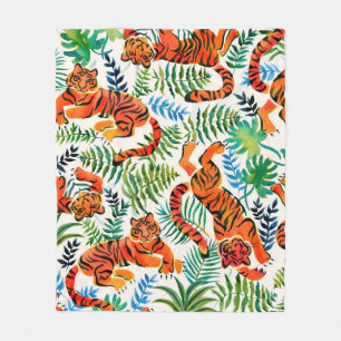 Seamless pattern with painted in watercolor tigers fleece blanket