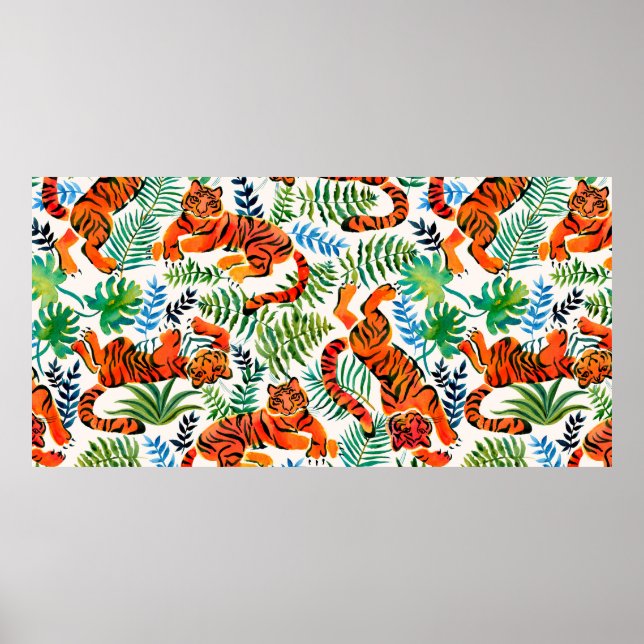 Seamless pattern with painted in watercolor tigers poster (Front)