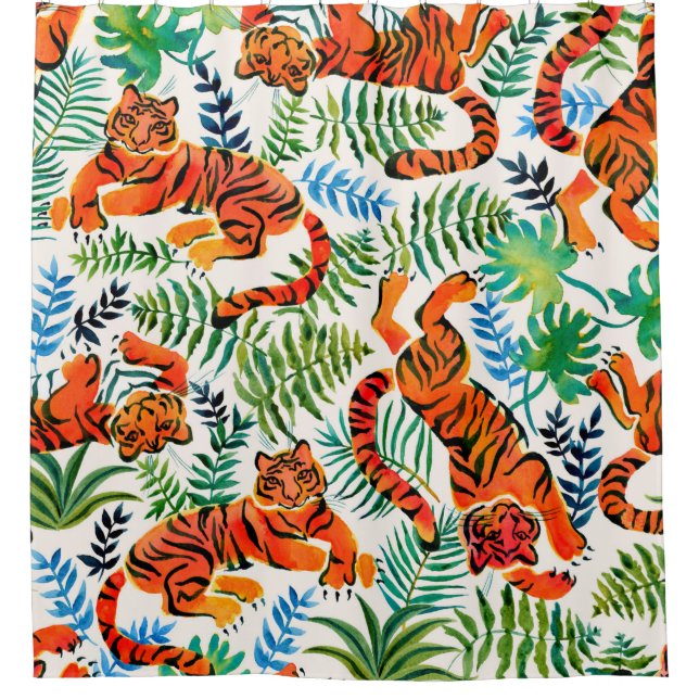 Seamless pattern with painted in watercolor tigers shower curtain (Front)