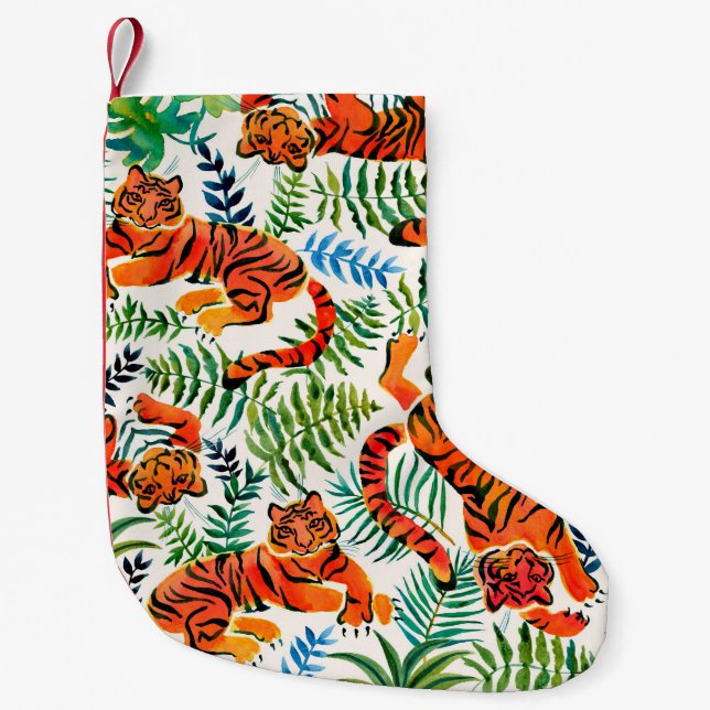 Seamless pattern with painted in watercolor tigers small christmas stocking (Front)