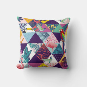 seamless pattern with Parrot, Toucans, Hummingbird Cushion