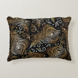 Seamless pattern with peacock feathers. Freehand d Decorative Cushion