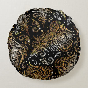 Seamless pattern with peacock feathers. Freehand d Round Cushion