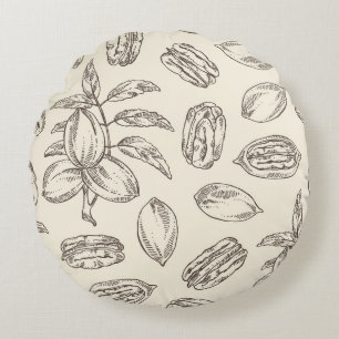 Seamless pattern with pecan: pecan nuts and leaves round cushion