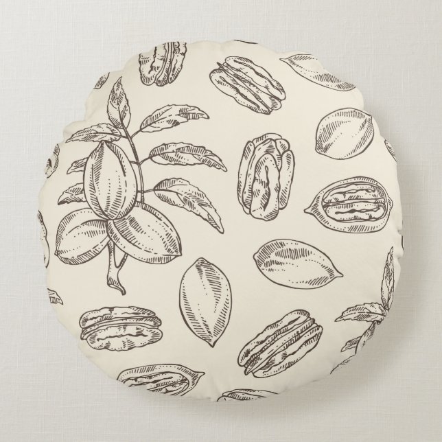 Seamless pattern with pecan: pecan nuts and leaves round cushion (Front)