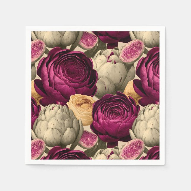 Seamless Pattern with Peonies and Artichokes Napkin (Front)