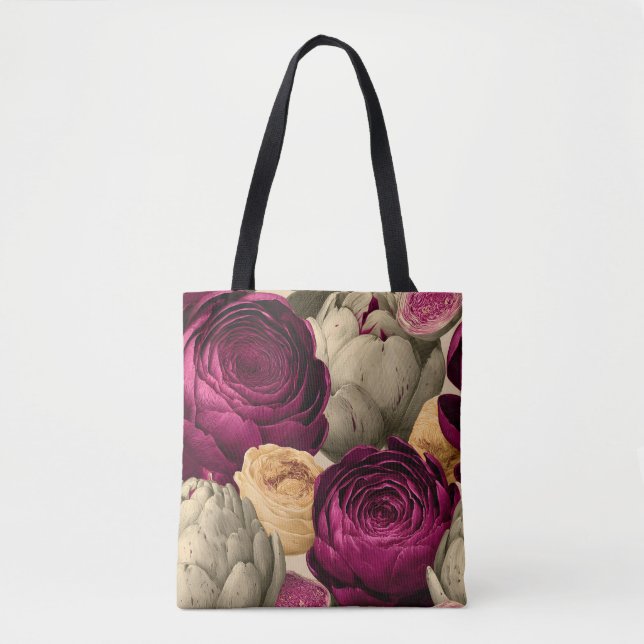 Seamless Pattern with Peonies and Artichokes Tote Bag (Front)