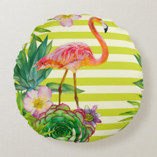 seamless pattern with pink flamingo and exotic tr round cushion