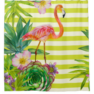 seamless pattern with pink flamingo and exotic tr shower curtain