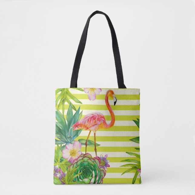  seamless pattern with pink flamingo and exotic tr tote bag (Front)