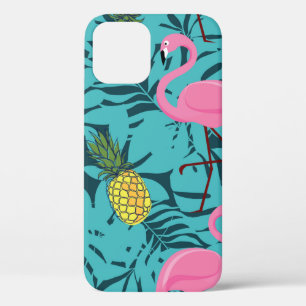 Seamless pattern with pink flamingos and green pal iPhone 12 case