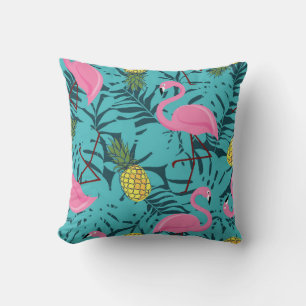 Seamless pattern with pink flamingos and green pal cushion