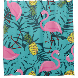 Seamless pattern with pink flamingos and green pal shower curtain