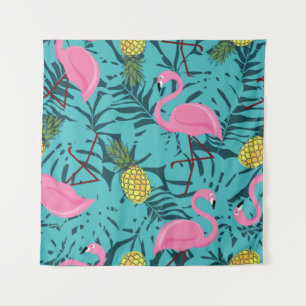 Seamless pattern with pink flamingos and green pal tapestry