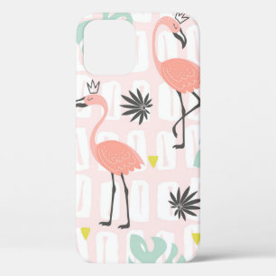 Seamless pattern with pink flamingos and palm leav iPhone 12 case