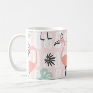 Seamless pattern with pink flamingos and palm leav coffee mug