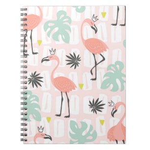 Seamless pattern with pink flamingos and palm leav notebook