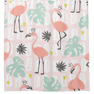 Seamless pattern with pink flamingos and palm leav shower curtain