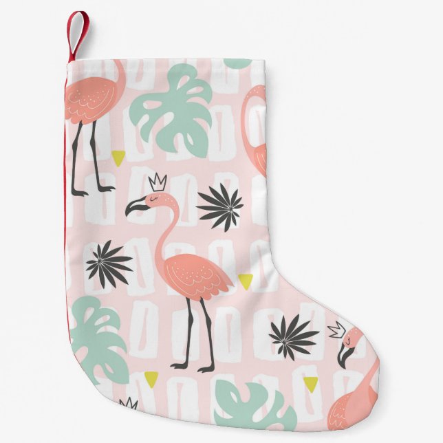 Seamless pattern with pink flamingos and palm leav small christmas stocking (Front)