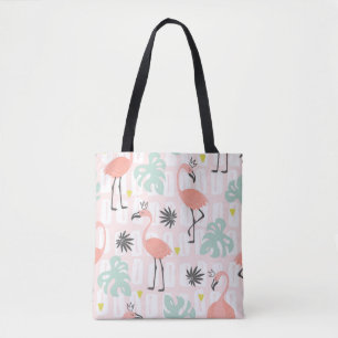 Seamless pattern with pink flamingos and palm leav tote bag