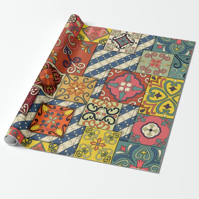 Seamless pattern with portuguese tiles in talavera wrapping paper (Unrolled)