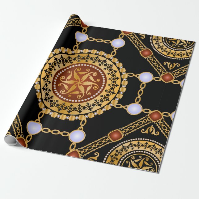 Seamless pattern with precious stone gold chains a wrapping paper (Unrolled)