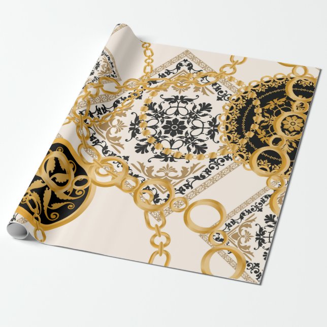 Seamless pattern with precious stones gold chains  wrapping paper (Unrolled)