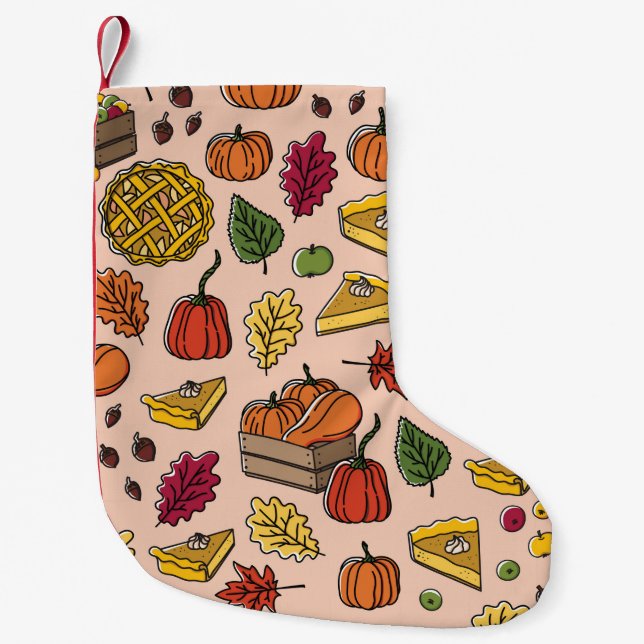 Seamless pattern with pumpkin pie, apple pie, and  small christmas stocking (Front)