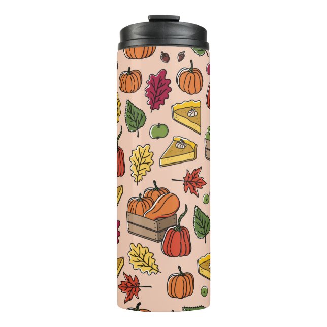 Seamless pattern with pumpkin pie, apple pie, and  thermal tumbler (Front)