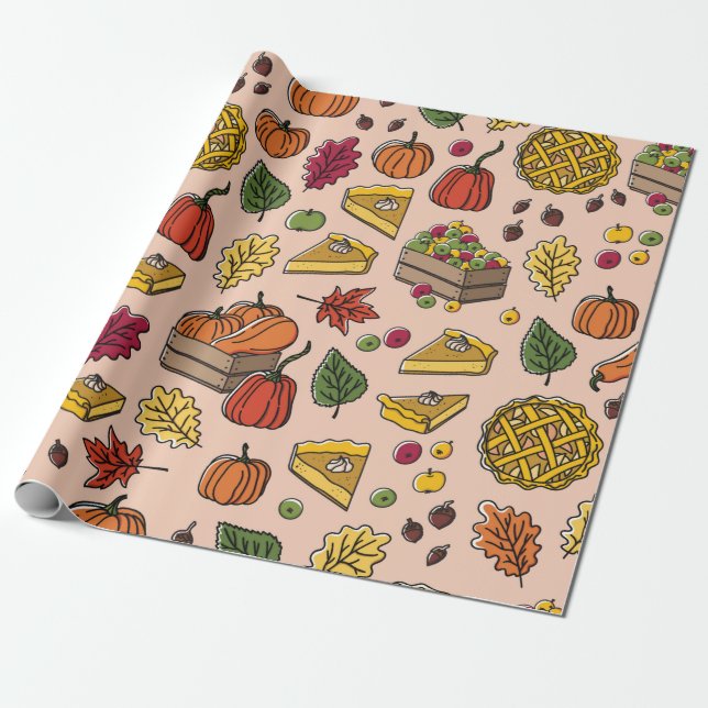 Seamless pattern with pumpkin pie, apple pie, and  wrapping paper (Unrolled)
