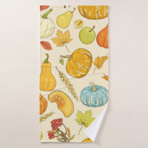 Seamless pattern with pumpkins, autumn leaves, app bath towel