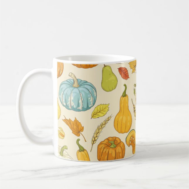 Seamless pattern with pumpkins, autumn leaves, app coffee mug (Left)