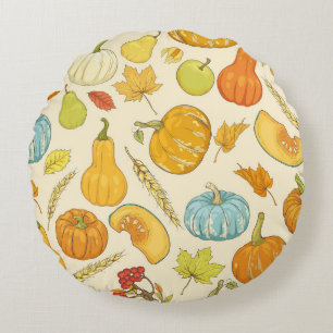 Seamless pattern with pumpkins, autumn leaves, app round cushion