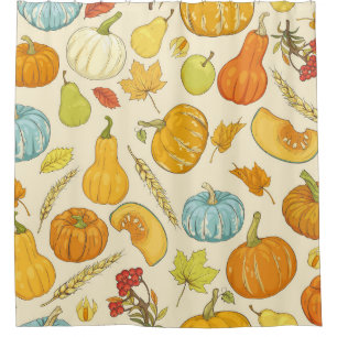 Seamless pattern with pumpkins, autumn leaves, app shower curtain