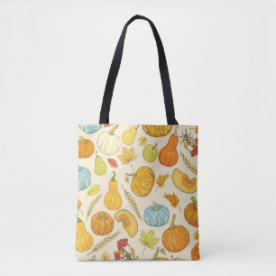 Seamless pattern with pumpkins, autumn leaves, app tote bag