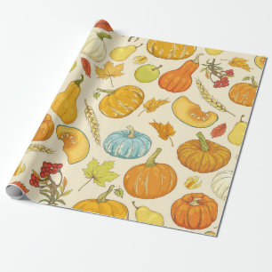Seamless pattern with pumpkins, autumn leaves, app wrapping paper
