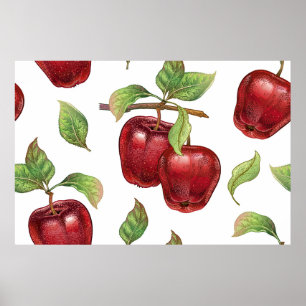 Seamless pattern with red apples. Realistic vintag Poster